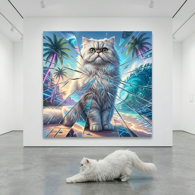 Neon Reflection Canvas room mockup; custom cat portrait canvas from photo in the Neon Reflection style; longhair cat; proof before print.