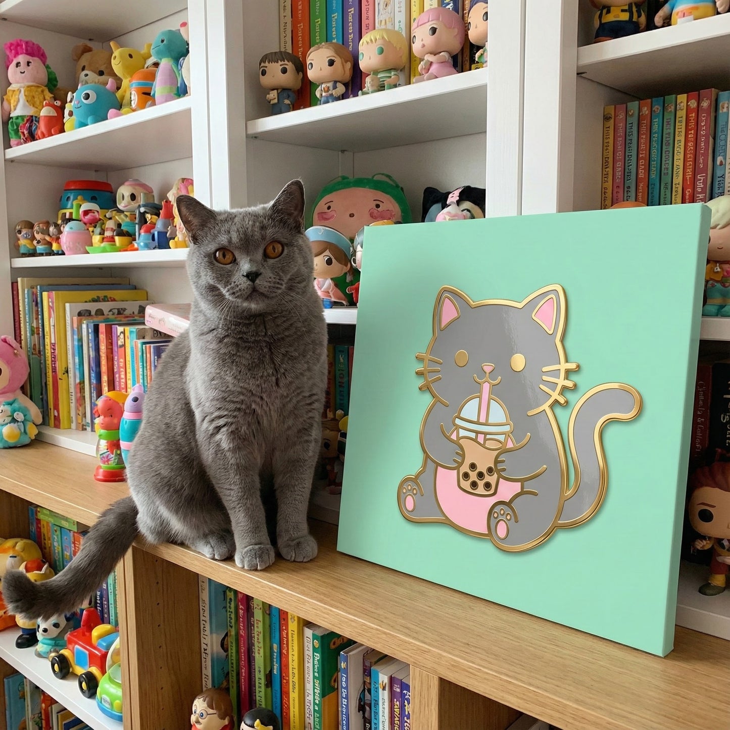 Cute Kawaii Line Art Canvas room mockup; custom cat portrait canvas from photo in the Cute Kawaii Line Art style; gray cat; proof before print.