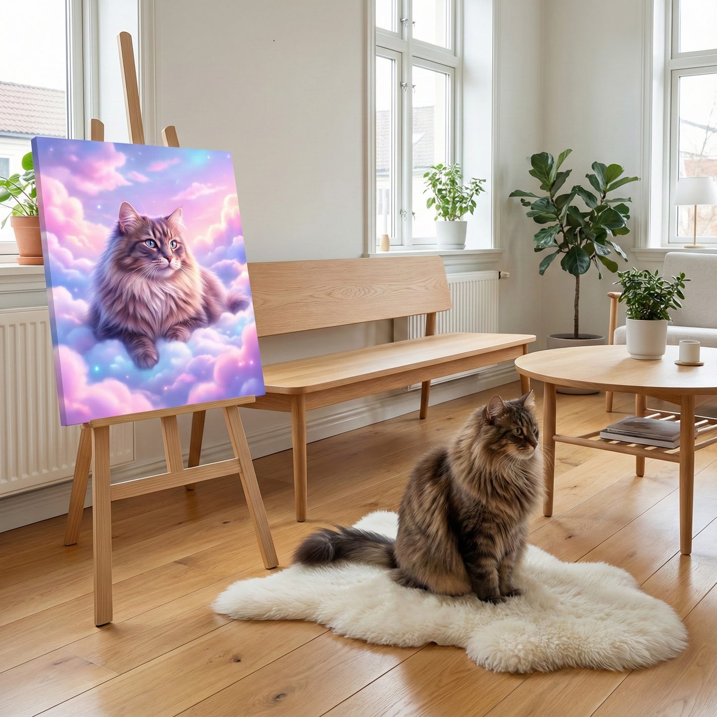 Celestial Cloud Reverie Canvas room mockup; custom cat portrait canvas from photo in the Celestial Cloud Reverie style; longhair cat; proof before print.