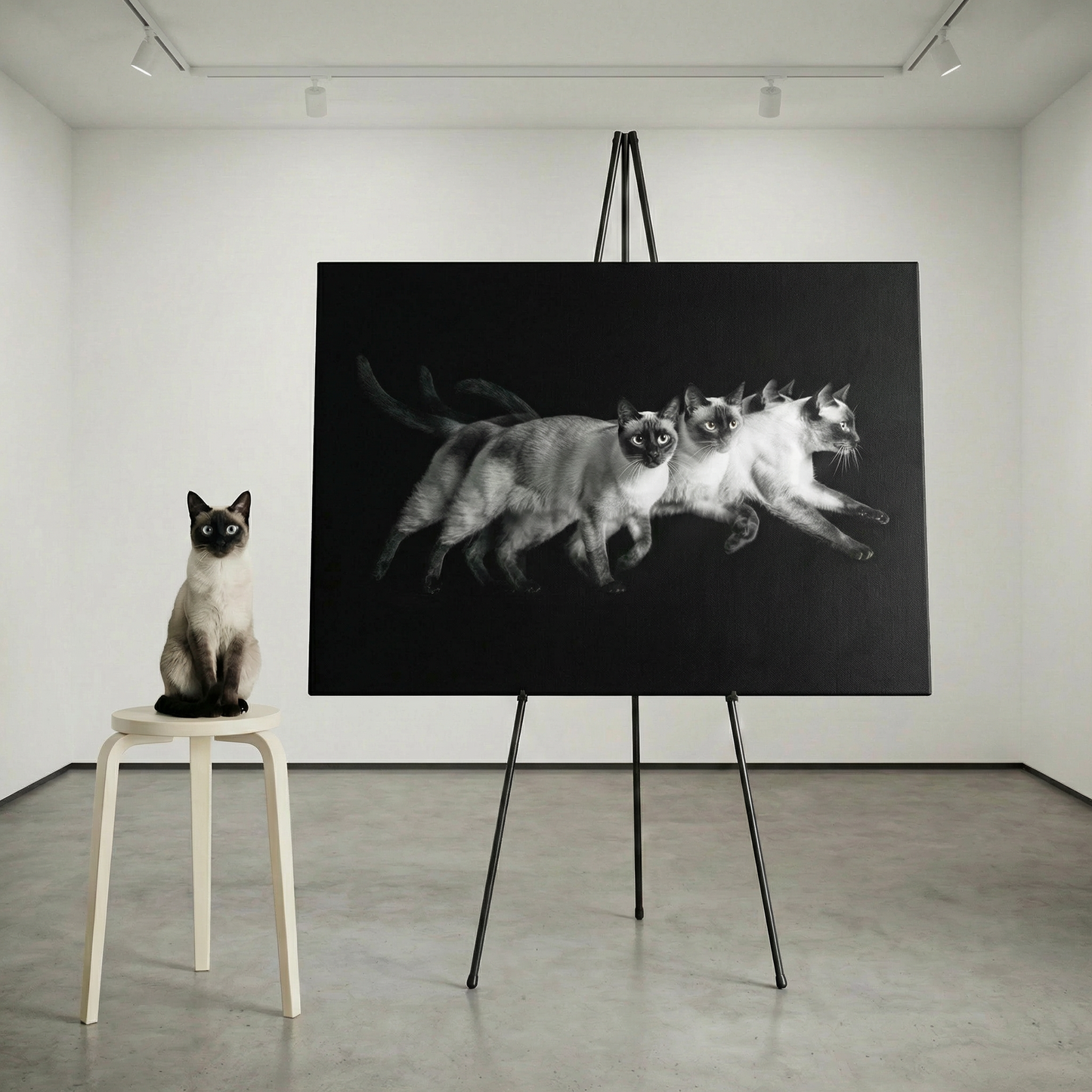 Motion Study Canvas room mockup; custom cat portrait canvas from photo in the Motion Study style; pointed cat; proof before print.