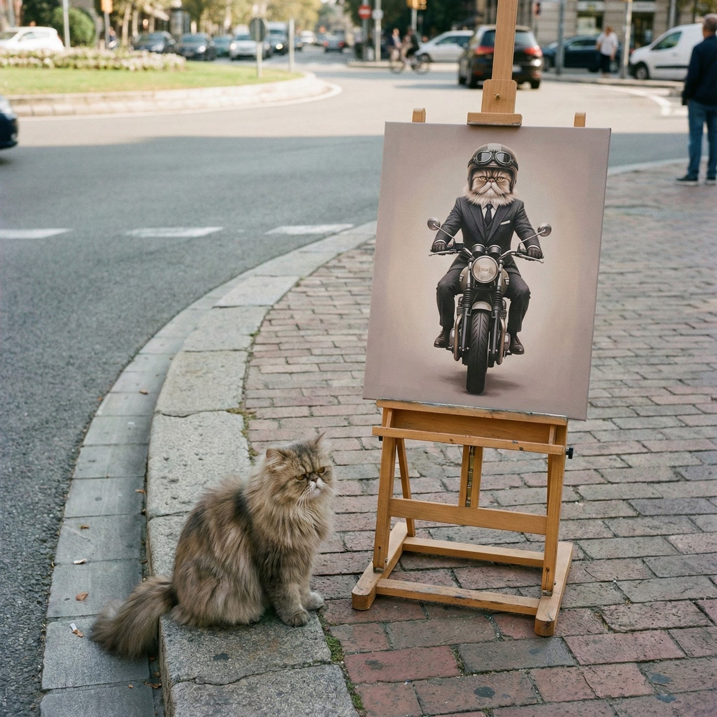 Cinematic Biker Canvas room mockup; custom cat portrait canvas from photo in the Cinematic Biker style; longhair cat; proof before print.