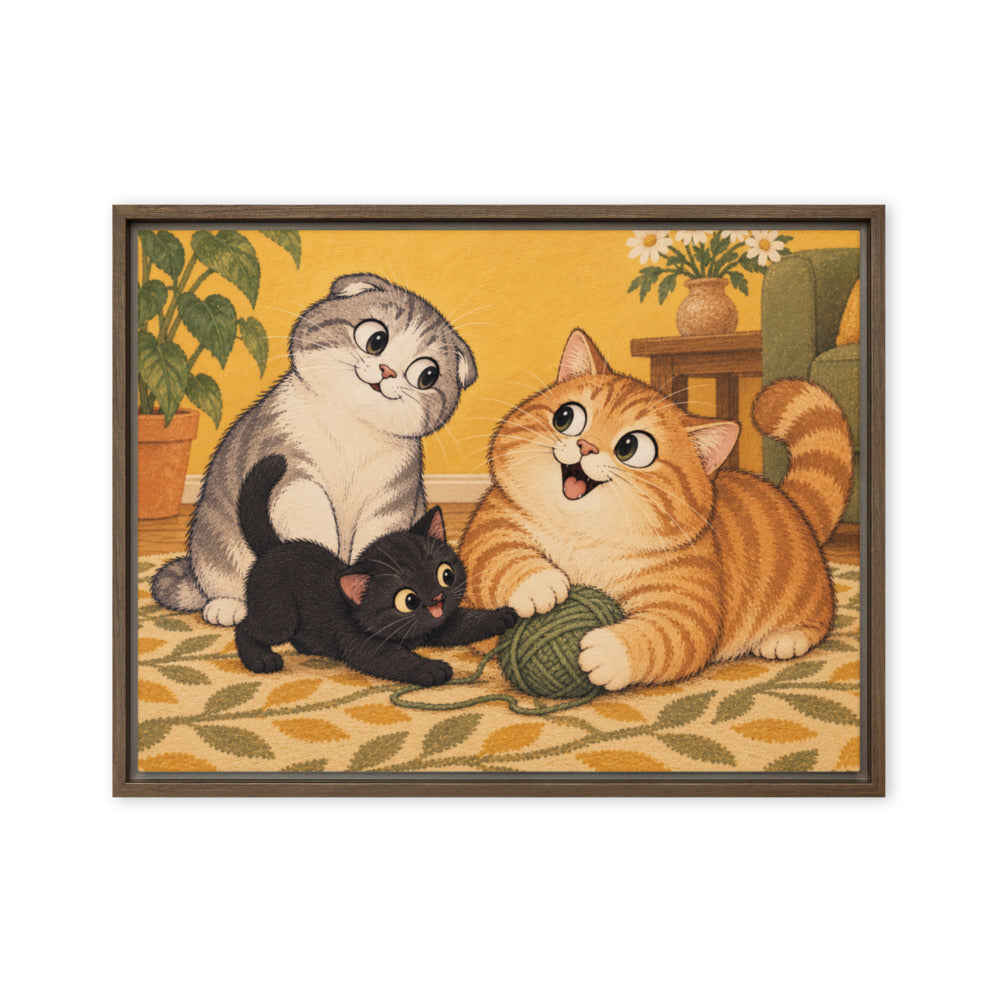 Cartoon portrait of 3 cats, canvas print in a brown floating frame