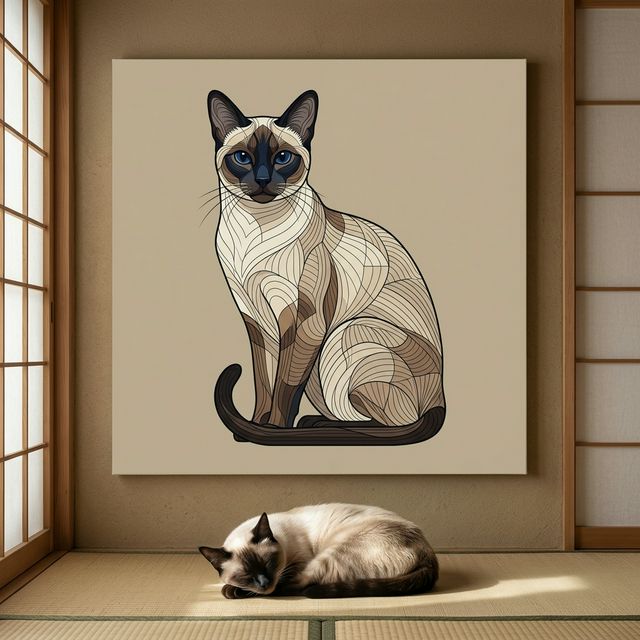 Graphic Wild Form Canvas room mockup; custom cat portrait canvas from photo in the Graphic Wild Form style; pointed cat; proof before print.