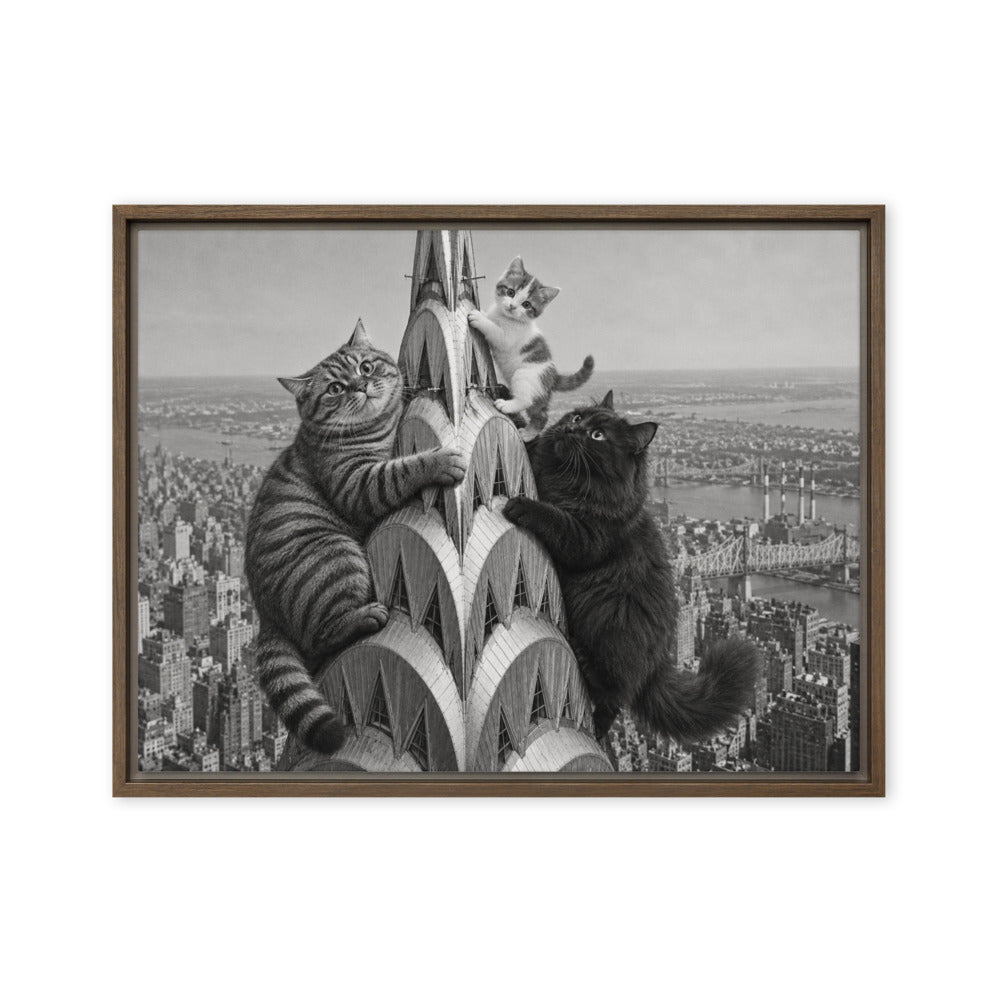 Chrysler Building portrait of 3 cats, canvas print in a brown floating frame