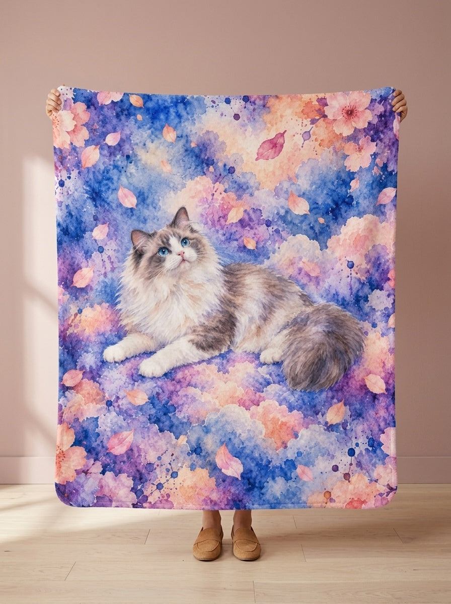 Custom cat portrait blanket, Watercolor style, held open