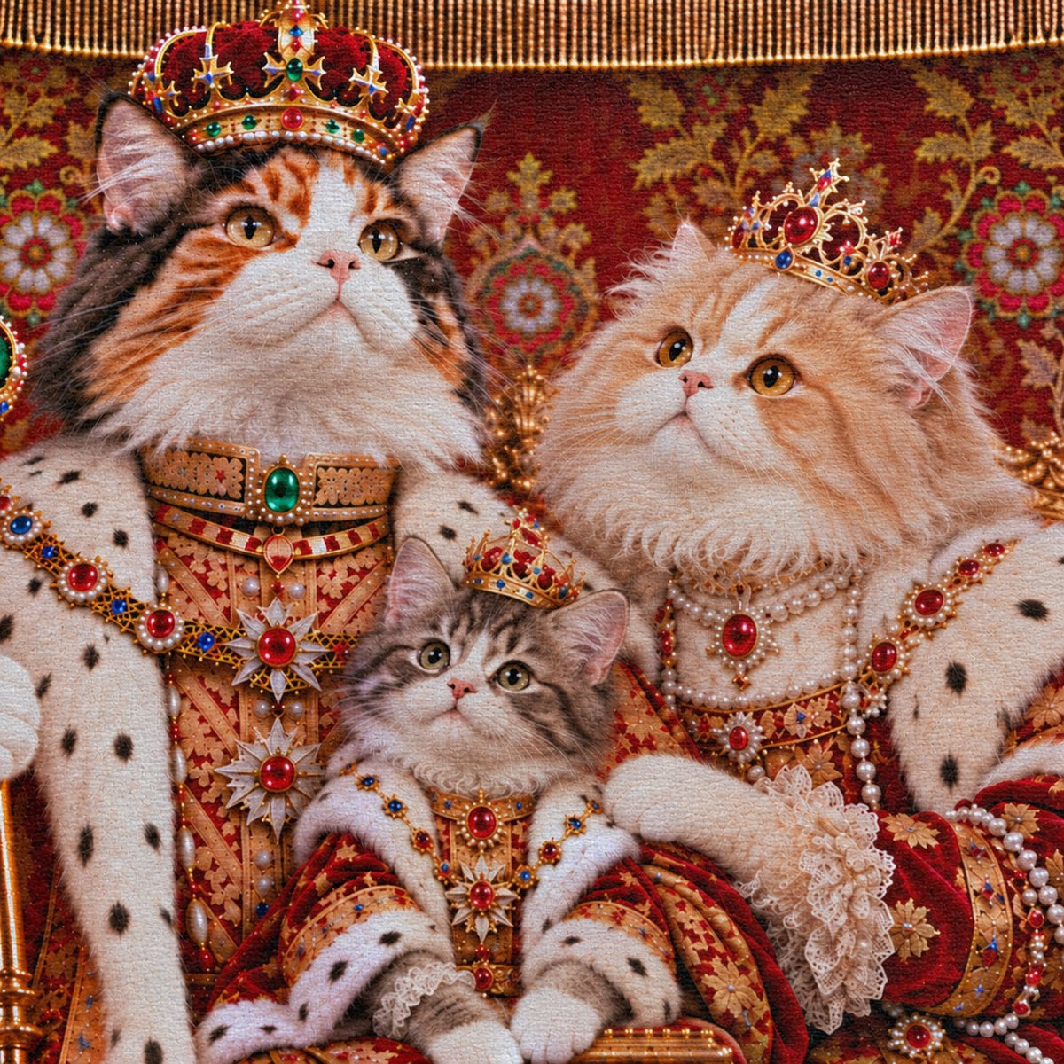 Royal cat portrait canvas, 3 cats, canvas texture close-up