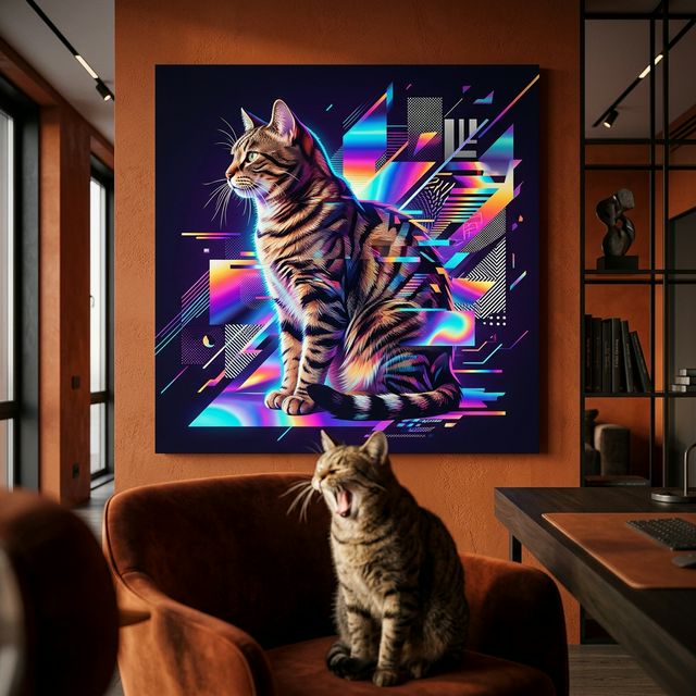 Neon Tech Pop Canvas room mockup; custom cat portrait canvas from photo in the Neon Tech Pop style; spotted tabby-like cat; proof before print.