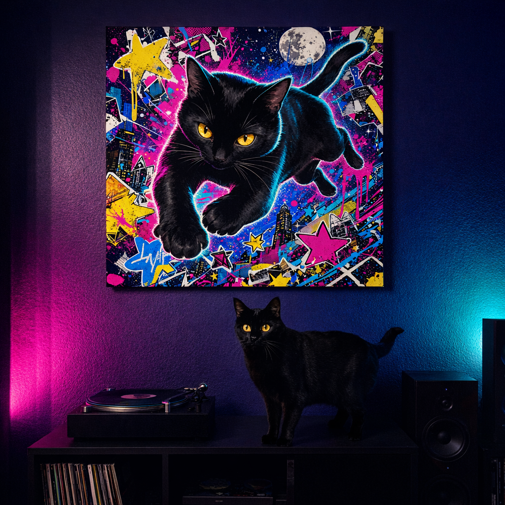 Graffiti Pop Joy Canvas room mockup; custom cat portrait canvas from photo in the Graffiti Pop Joy style; black cat; proof before print.