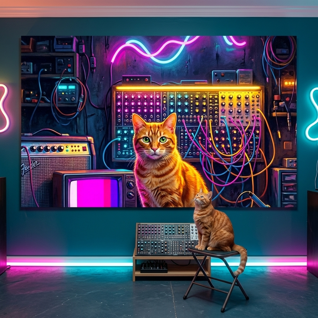 Neon Pulse Canvas room mockup; custom cat portrait canvas from photo in the Neon Pulse style; broadcast-themed; orange tabby cat; proof before print.