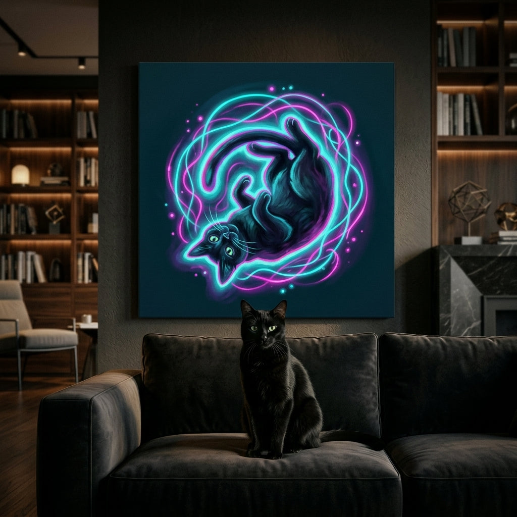 Neon Float Canvas room mockup; custom cat portrait canvas from photo in the Neon Float style; black cat; proof before print.