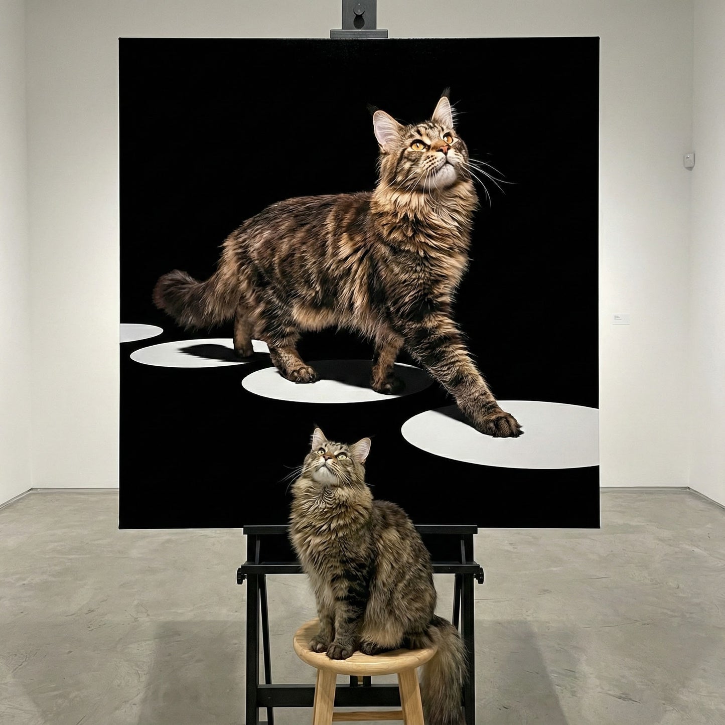 Optical Walk Canvas room mockup; custom cat portrait canvas from photo in the Optical Walk style; longhair cat; proof before print.