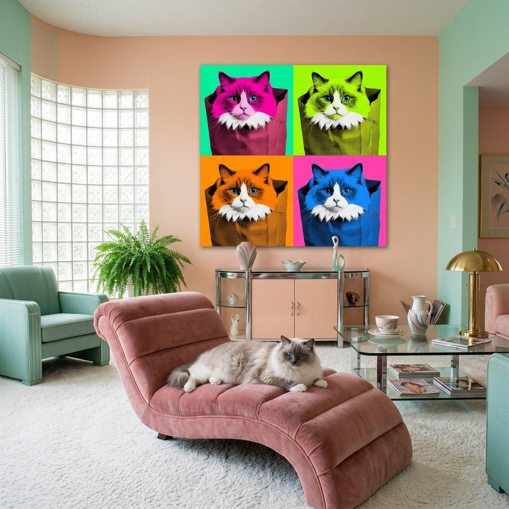 Overstimulated Canvas room mockup; custom cat portrait canvas from photo in the Overstimulated style; longhair cat; proof before print.