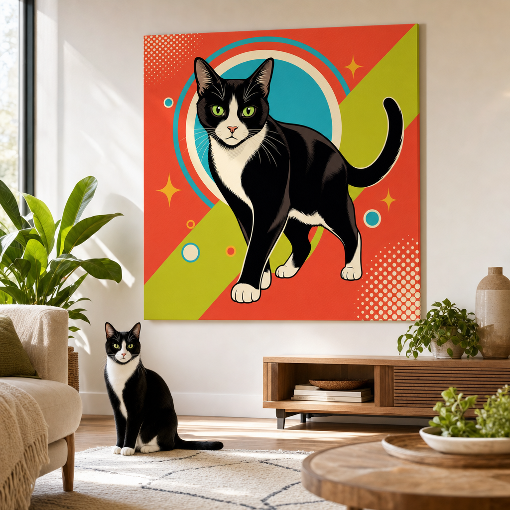 POP Shock Canvas room mockup; custom cat portrait canvas from photo in the POP Shock style; tuxedo cat; proof before print.