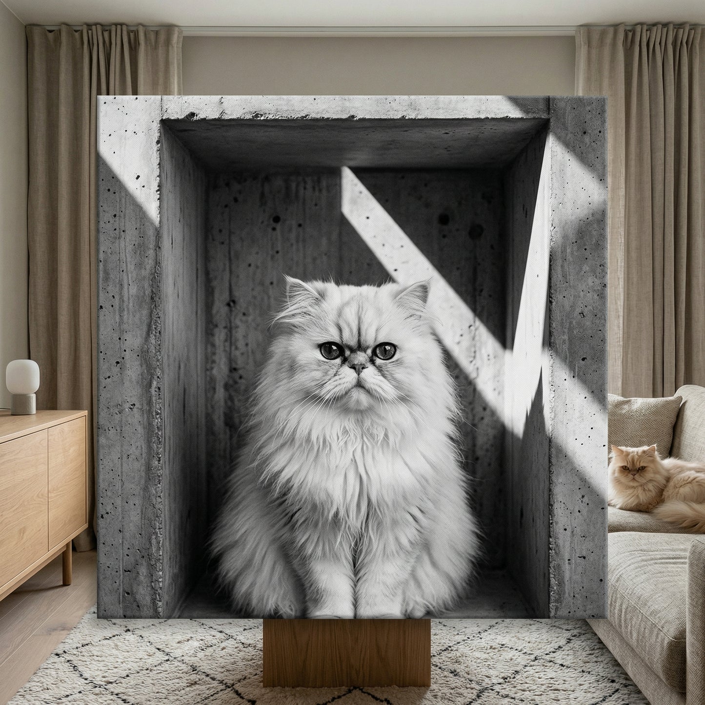 Concrete Stillness Canvas room mockup; custom cat portrait canvas from photo in the Concrete Stillness style; longhair cat; proof before print.