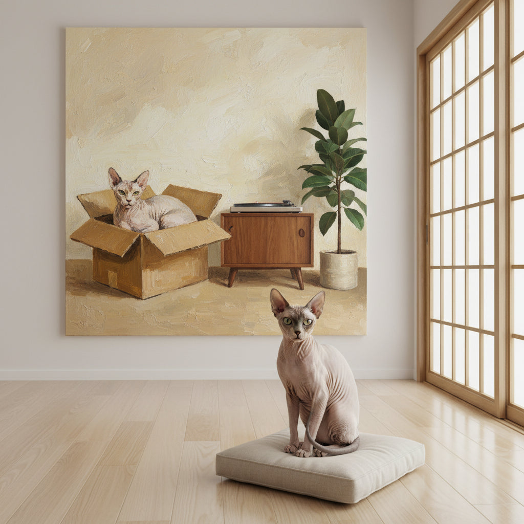 Quiet Rest Box Canvas room mockup; custom cat portrait canvas from photo in the Quiet Rest Box style; hairless cat; proof before print.