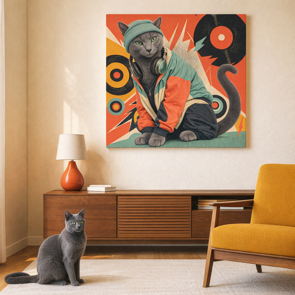 Retro Pop Street Canvas room mockup; custom cat portrait canvas from photo in the Retro Pop Street style; gray cat; proof before print.