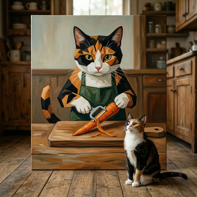 Cozy Kitchen Folk Canvas room mockup; custom cat portrait canvas from photo in the Cozy Kitchen Folk style; kitchen-themed; calico cat; proof before print.