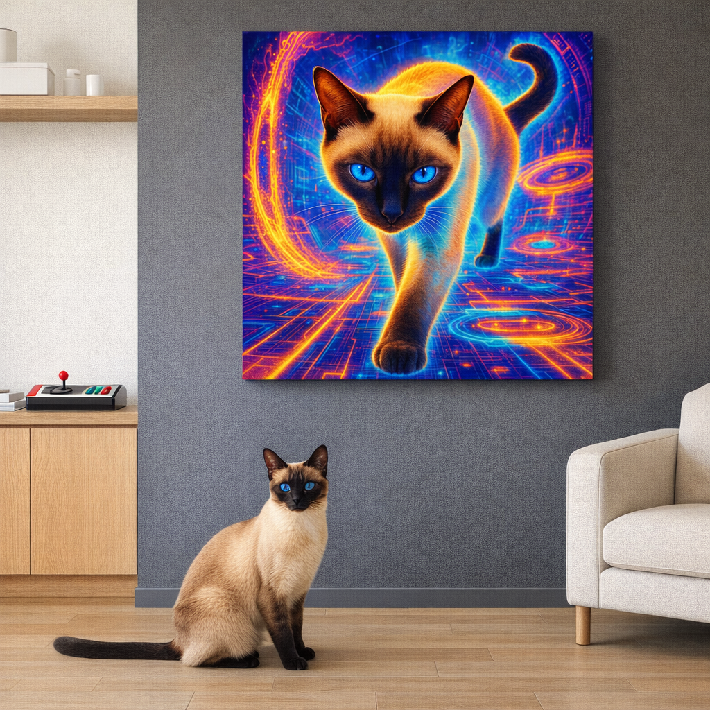 Thermal Pulse Canvas room mockup; custom cat portrait canvas from photo in the Thermal Pulse style; pointed cat; proof before print.