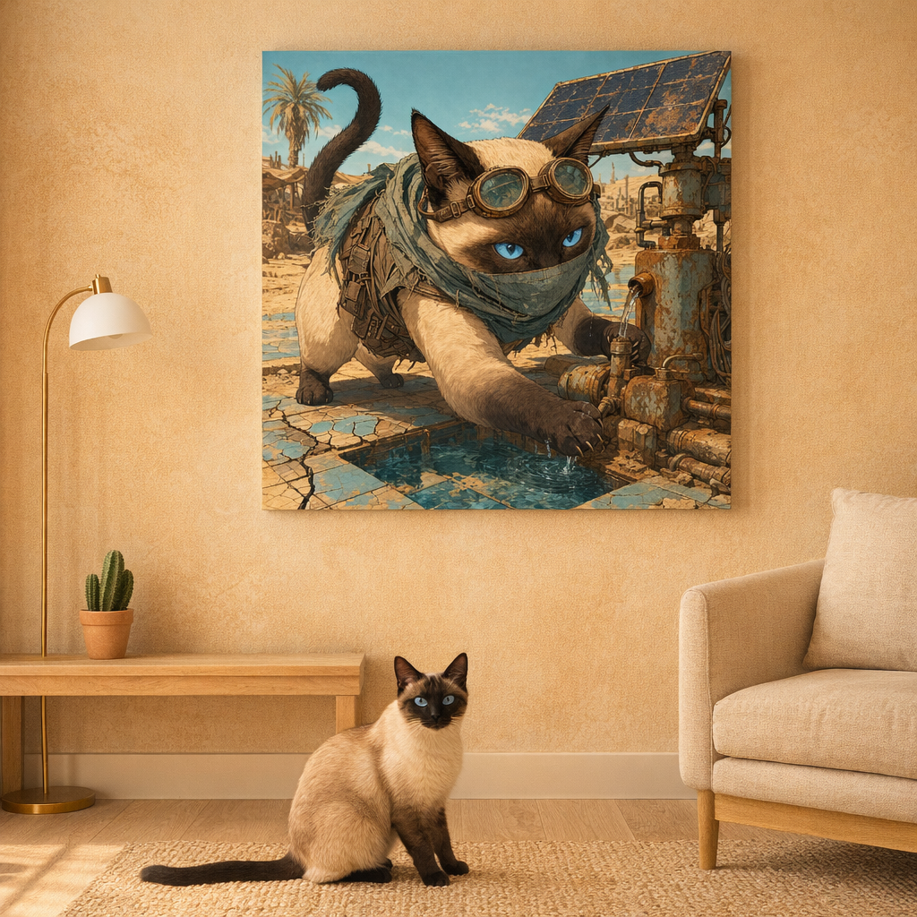 Wasteland Grit Canvas room mockup; custom cat portrait canvas from photo in the Wasteland Grit style; pointed cat; proof before print.