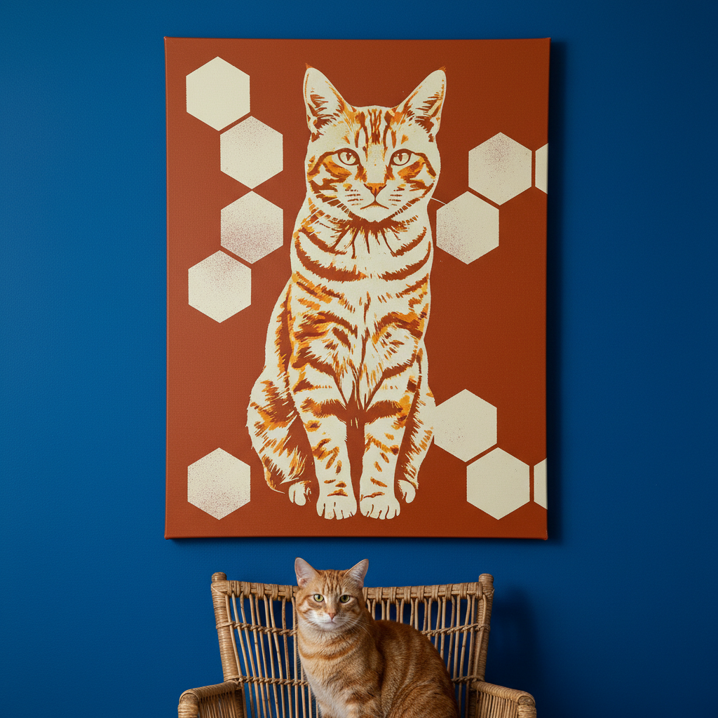 Risograph Canvas room mockup; custom cat portrait canvas from photo in the Risograph style; orange tabby cat; proof before print.