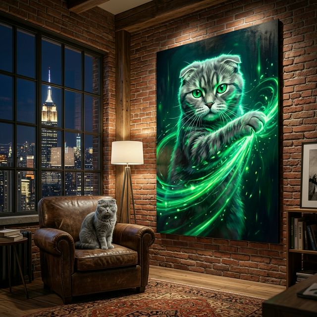 Emerald Signal Canvas room mockup; custom cat portrait canvas from photo in the Emerald Signal style; gray cat; proof before print.