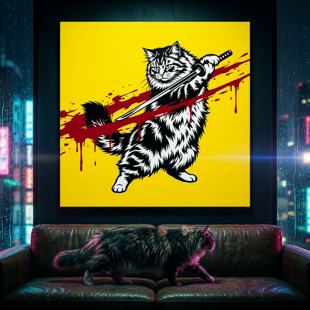 Graphic Ninja Canvas room mockup; custom cat portrait canvas from photo in the Graphic Ninja style; ninja-themed; black cat; proof before print.