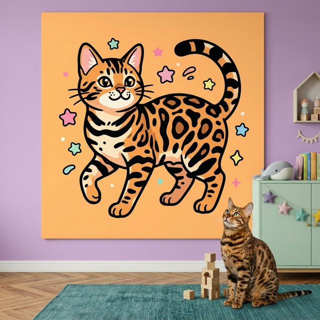 Cute Kawaii Line Art Canvas room mockup; custom cat portrait canvas from photo in the Cute Kawaii Line Art style; spotted tabby-like cat; proof before print.