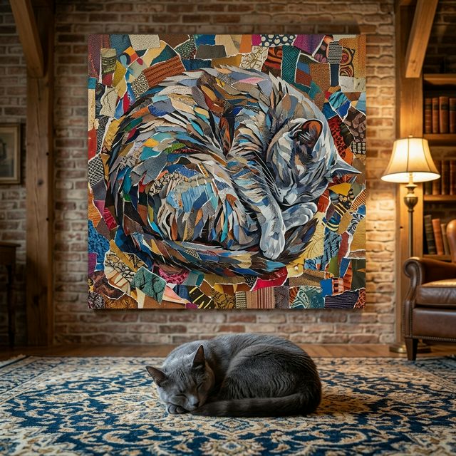 Modern Collage Canvas room mockup; custom cat portrait canvas from photo in the Modern Collage style; gray cat; proof before print.