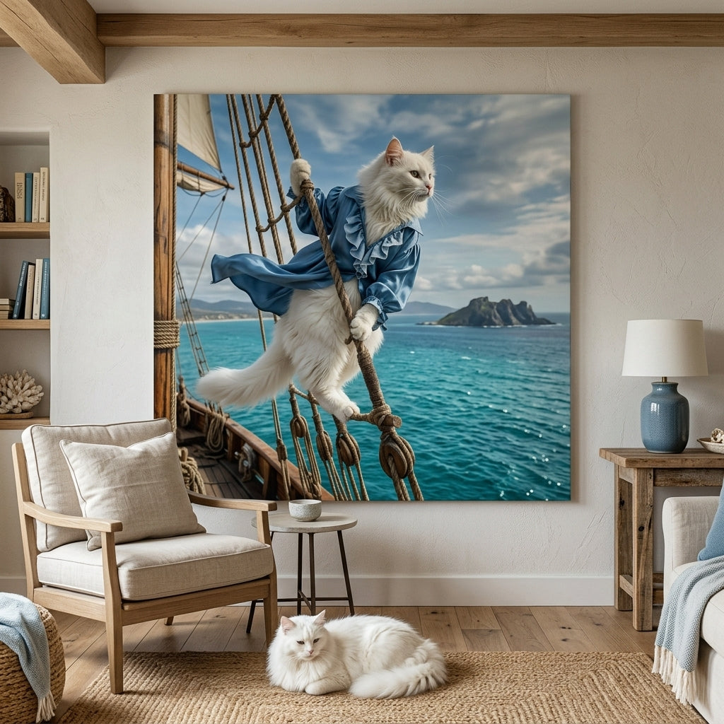 Open Water Canvas room mockup; custom cat portrait canvas from photo in the Open Water style; white cat; proof before print.
