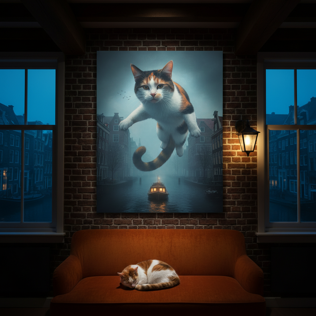 Colossal Cityscape Cat Canvas room mockup; custom cat portrait canvas from photo in the Colossal Cityscape Cat style; calico cat; proof before print.