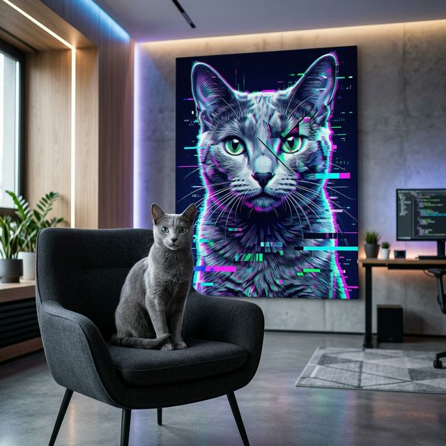 Digital Glitch Reality Canvas room mockup; custom cat portrait canvas from photo in the Digital Glitch Reality style; gray cat; proof before print.
