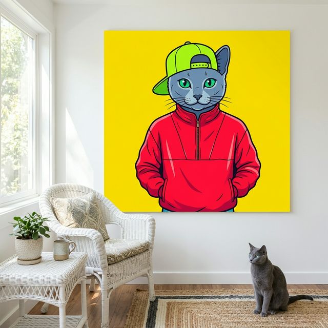 Retro Pop Street Canvas room mockup; custom cat portrait canvas from photo in the Retro Pop Street style; gray cat; proof before print.