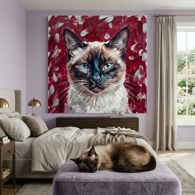 Expressive Brushstroke Canvas room mockup; custom cat portrait canvas from photo in the Expressive Brushstroke style; pointed cat; proof before print.