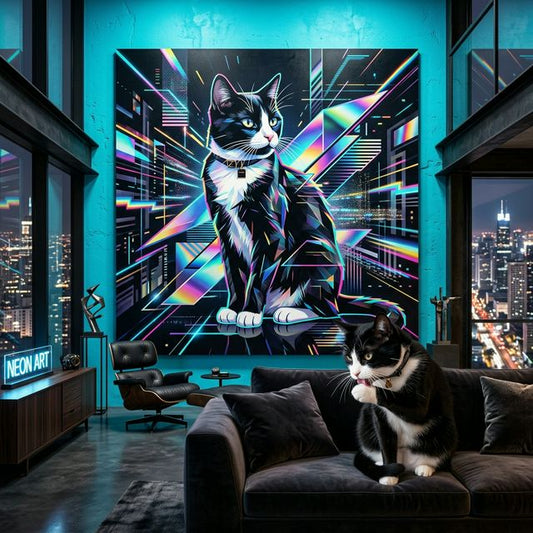 Neon Tech Pop Canvas room mockup; custom cat portrait canvas from photo in the Neon Tech Pop style; tuxedo cat; proof before print.
