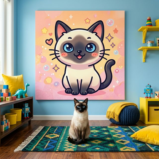 Cute Kawaii Line Art Canvas room mockup; custom cat portrait canvas from photo in the Cute Kawaii Line Art style; pointed cat; proof before print.