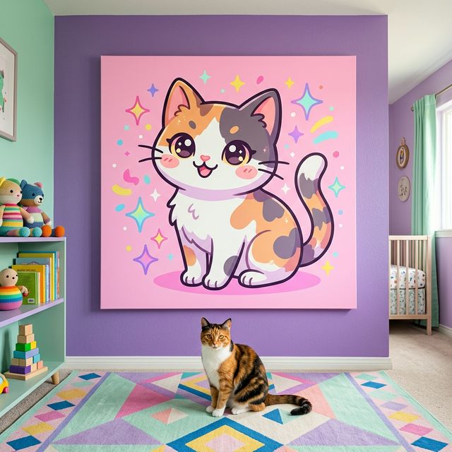 Cute Kawaii Line Art Canvas room mockup; custom cat portrait canvas from photo in the Cute Kawaii Line Art style; calico cat; proof before print.