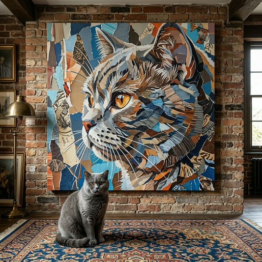 Modern Collage Canvas room mockup; custom cat portrait canvas from photo in the Modern Collage style; gray cat; proof before print.