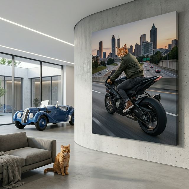 Cinematic Biker Canvas room mockup; custom cat portrait canvas from photo in the Cinematic Biker style; orange tabby cat; proof before print.