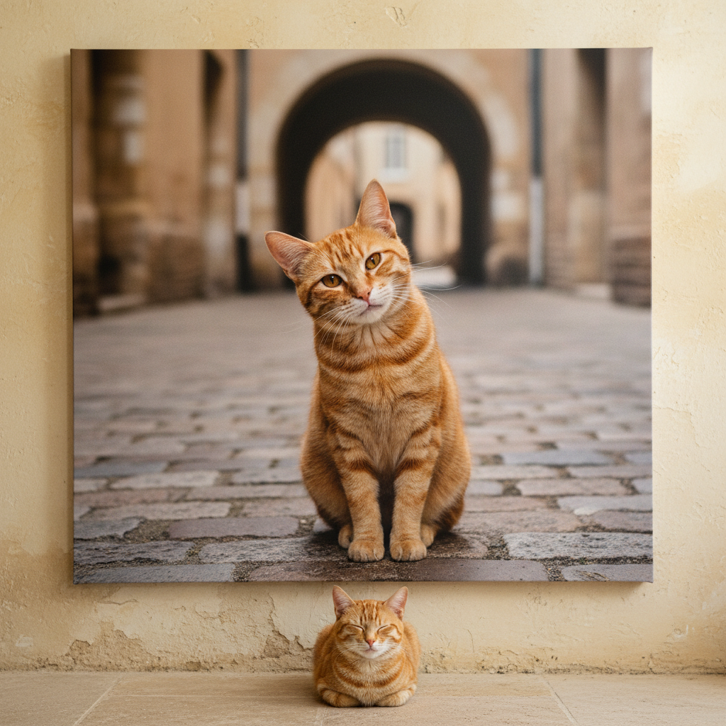 Rural Stone Canvas room mockup; custom cat portrait canvas from photo in the Rural Stone style; orange tabby cat; proof before print.
