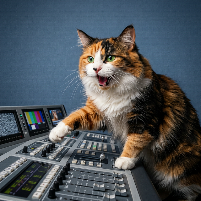 Broadcast Breakdown Canvas room mockup; custom cat portrait canvas from photo in the Broadcast Breakdown style; broadcast-themed; calico cat; proof before print.