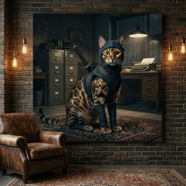 Midnight Operative Canvas room mockup; custom cat portrait canvas from photo in the Midnight Operative style; ninja-themed; spotted tabby-like cat; proof before print.