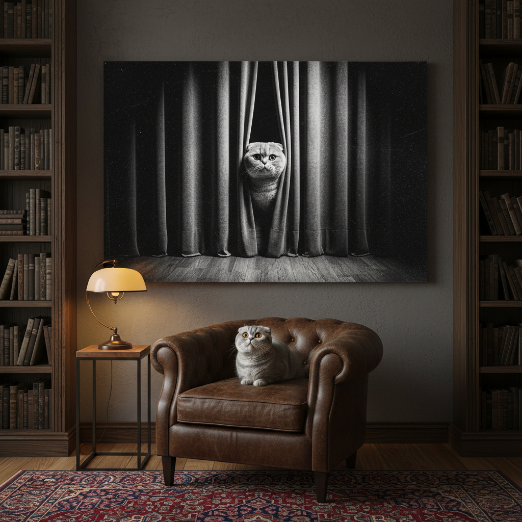 Retro Surveillance Canvas room mockup; custom cat portrait canvas from photo in the Retro Surveillance style; gray cat; proof before print.