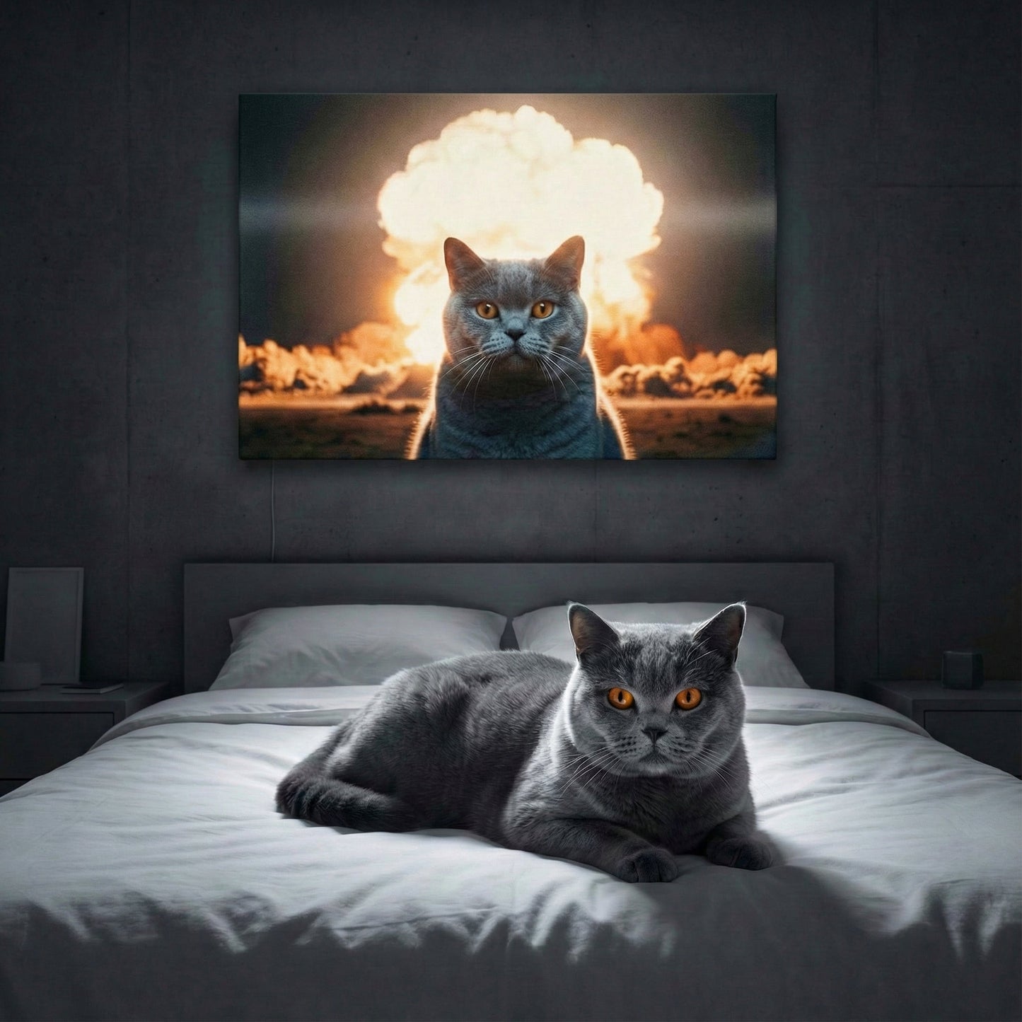 Lightfall Contrast Canvas room mockup; custom cat portrait canvas from photo in the Lightfall Contrast style; gray cat; proof before print.