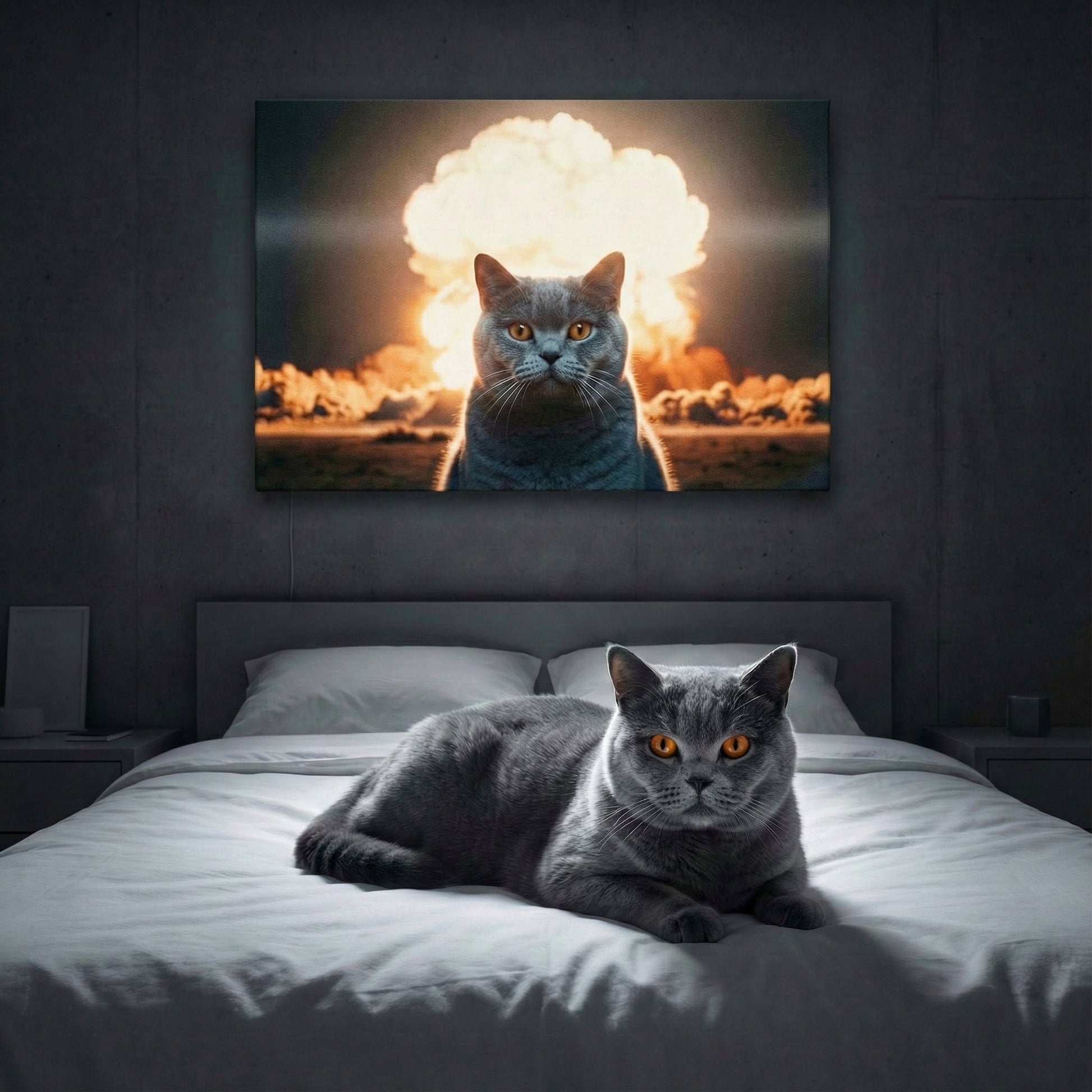 Lightfall Contrast Canvas room mockup; custom cat portrait canvas from photo in the Lightfall Contrast style; gray cat; proof before print.