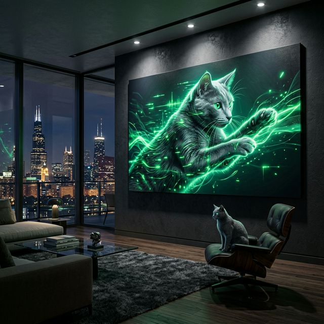 Emerald Signal Canvas room mockup; custom cat portrait canvas from photo in the Emerald Signal style; gray cat; proof before print.