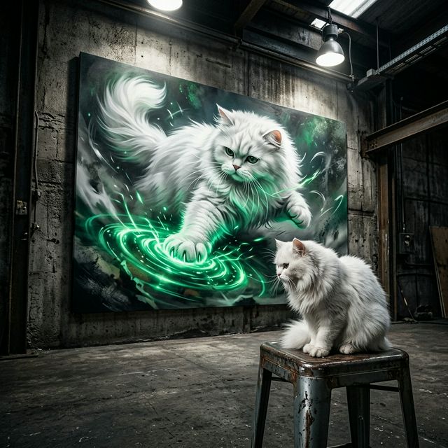 Emerald Signal Canvas room mockup; custom cat portrait canvas from photo in the Emerald Signal style; longhair cat; proof before print.