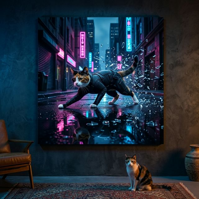Midnight Operative Canvas room mockup; custom cat portrait canvas from photo in the Midnight Operative style; calico cat; proof before print.