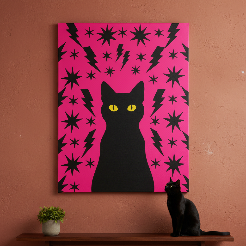Risograph Canvas room mockup; custom cat portrait canvas from photo in the Risograph style; black cat; proof before print.