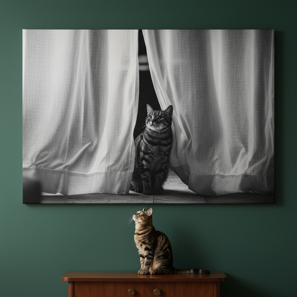 Retro Surveillance Canvas room mockup; custom cat portrait canvas from photo in the Retro Surveillance style; tabby cat; proof before print.