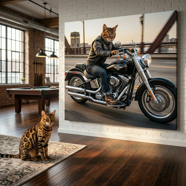 Cinematic Biker Canvas room mockup; custom cat portrait canvas from photo in the Cinematic Biker style; broadcast-themed; spotted tabby-like cat; proof before print.